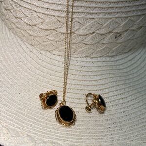 Vintage-Inspired Black Onyx Gold Necklace and Clip-On Earrings Set